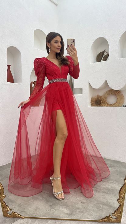 Abito Da Sera İn Tulle Ad Arco Argento Rosso