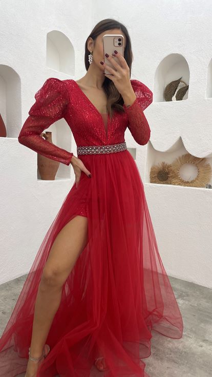 Abito Da Sera İn Tulle Ad Arco Argento Rosso