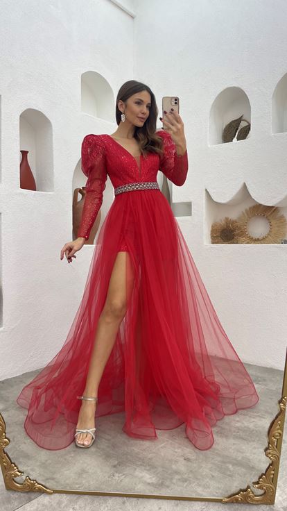 Abito Da Sera İn Tulle Ad Arco Argento Rosso