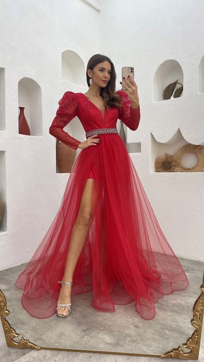 Abito Da Sera İn Tulle Ad Arco Argento Rosso