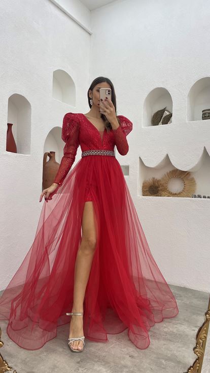 Abito Da Sera İn Tulle Ad Arco Argento Rosso