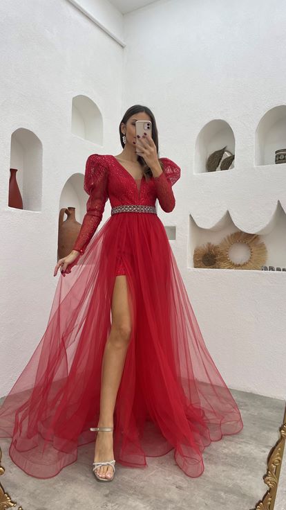 Abito Da Sera İn Tulle Ad Arco Argento Rosso