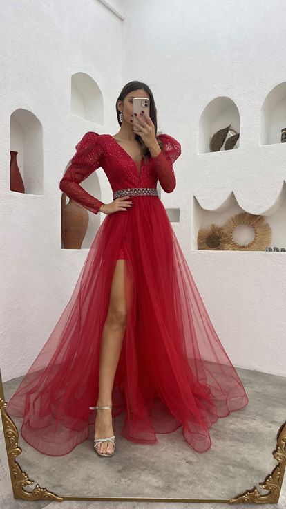 Abito Da Sera İn Tulle Ad Arco Argento Rosso