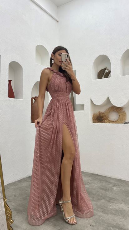 Gül Kurusu Boyun Detay Drapeli Tül Abiye Elbise