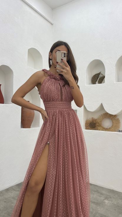 Gül Kurusu Boyun Detay Drapeli Tül Abiye Elbise