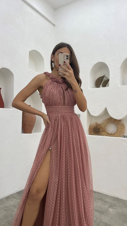 Gül Kurusu Boyun Detay Drapeli Tül Abiye Elbise