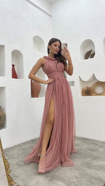 Gül Kurusu Boyun Detay Drapeli Tül Abiye Elbise