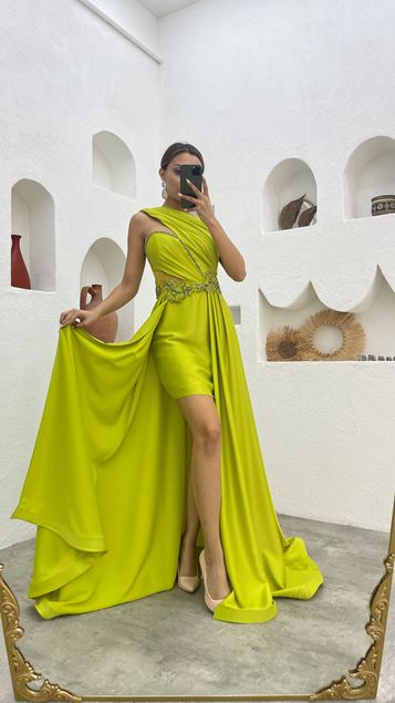 Yellow One Shoulder Embroidered Detail Motif Draped Satin Evening Dress