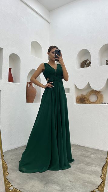 Emerald Green Waist Detail Pleated Design Chiffon Evening Dress