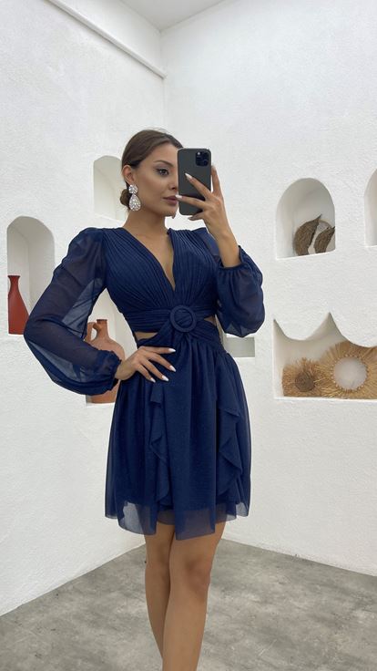 Lacivert Kemerli Bel Detay Simli Abiye Elbise