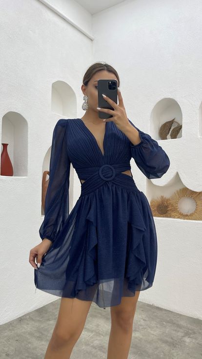 Lacivert Kemerli Bel Detay Simli Abiye Elbise