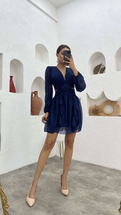 Lacivert Kemerli Bel Detay Simli Abiye Elbise