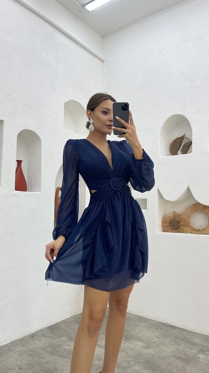 Lacivert Kemerli Bel Detay Simli Abiye Elbise