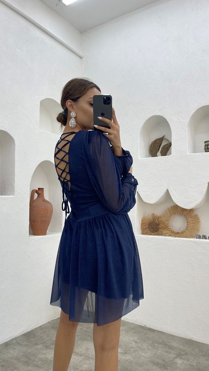 Lacivert Kemerli Bel Detay Simli Abiye Elbise