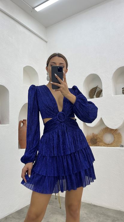 Lacivert Kemerli Bel Detay Tasarım Simli Abiye Elbise