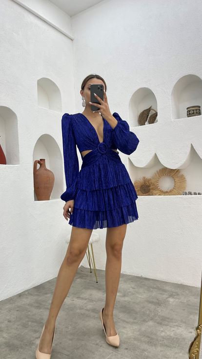 Lacivert Kemerli Bel Detay Tasarım Simli Abiye Elbise