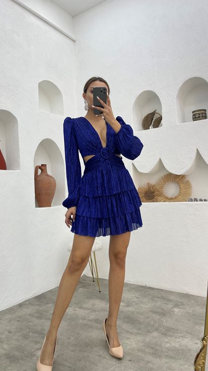 Lacivert Kemerli Bel Detay Tasarım Simli Abiye Elbise