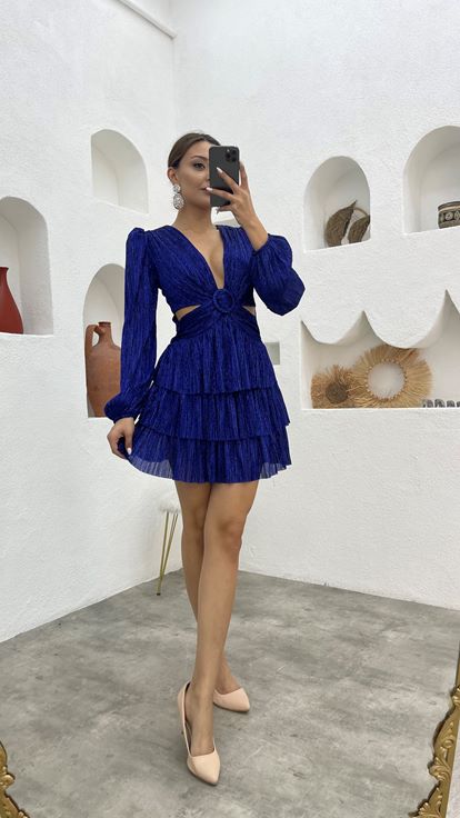 Lacivert Kemerli Bel Detay Tasarım Simli Abiye Elbise