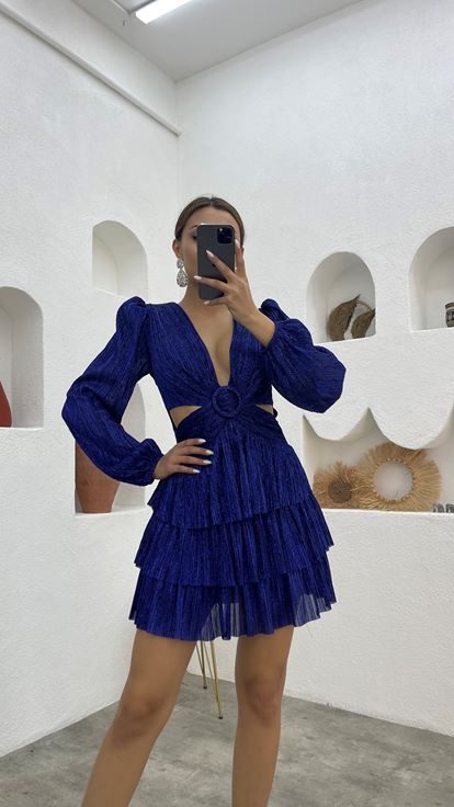 Lacivert Kemerli Bel Detay Tasarım Simli Abiye Elbise