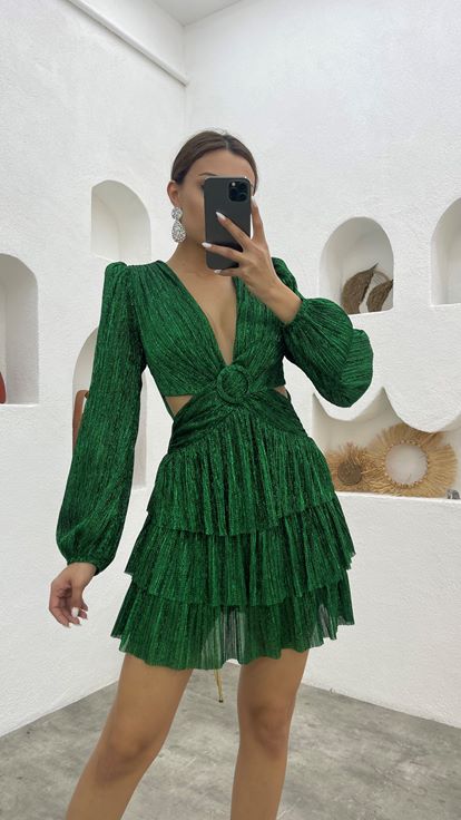 Vestido de noche con purpurina con detalle de cintura con cinturón verde esmeralda