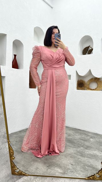 Powder Satin Drape Detail Glittery Tulle Plus Size Evening Dress