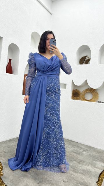 Indigo Satin Drape Detail Glittery Tulle Plus Size Evening Dress