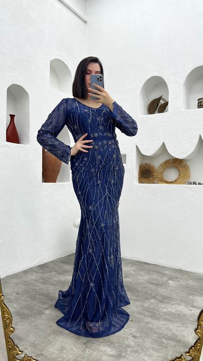 Saks besticktes Abendkleid mit V-Ausschnitt in Übergröße