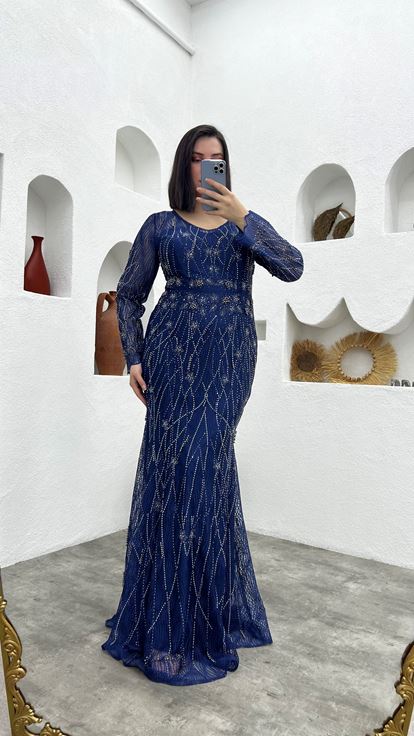 Saks besticktes Abendkleid mit V-Ausschnitt in Übergröße