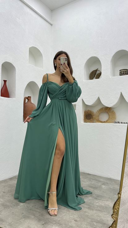 Mint Yeşili Balon Kol Drapeli Şifon Abiye Elbise