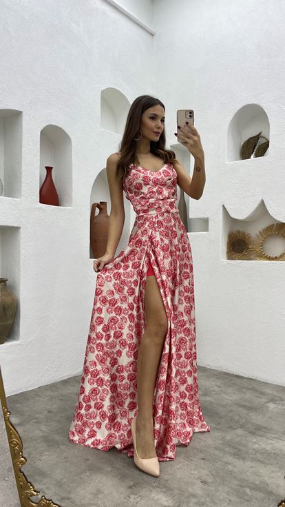 Kırmızı İp Askılı Desenli Saten Abiye Elbise