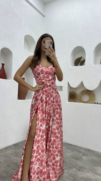 Kırmızı İp Askılı Desenli Saten Abiye Elbise