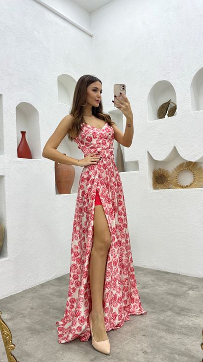 Kırmızı İp Askılı Desenli Saten Abiye Elbise