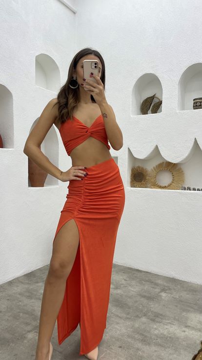Turuncu İp Askılı Büzgülü Crop Elbise Takım