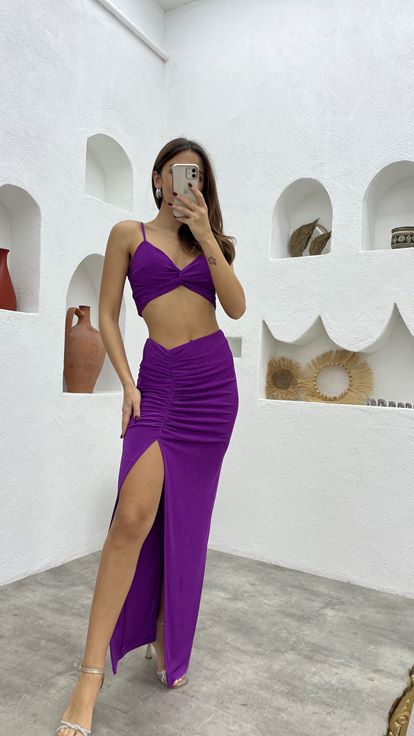 Mor İp Askılı Büzgülü Crop Elbise Takım