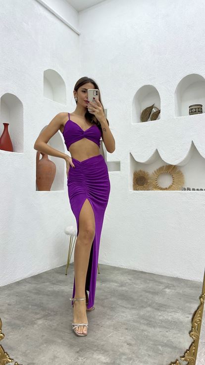 Mor İp Askılı Büzgülü Crop Elbise Takım