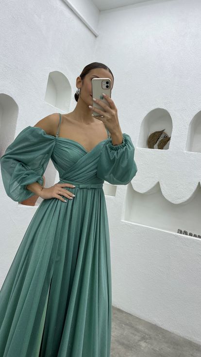 Mint Green Rope Strap Balloon Sleeve Long Glittery Tulle Evening Dress