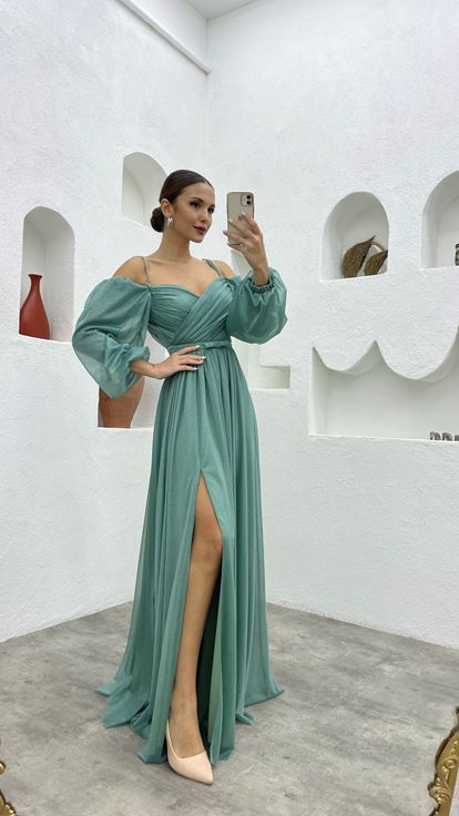 Mint Green Rope Strap Balloon Sleeve Long Glittery Tulle Evening Dress