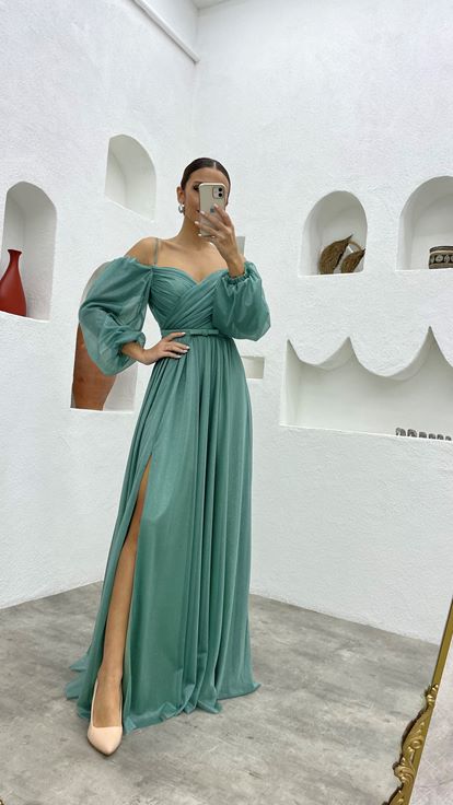 Mint Green Rope Strap Balloon Sleeve Long Glittery Tulle Evening Dress