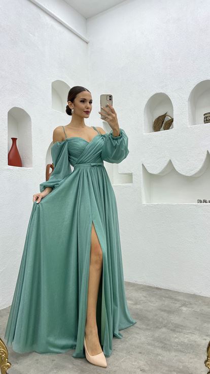 Mint Green Rope Strap Balloon Sleeve Long Glittery Tulle Evening Dress