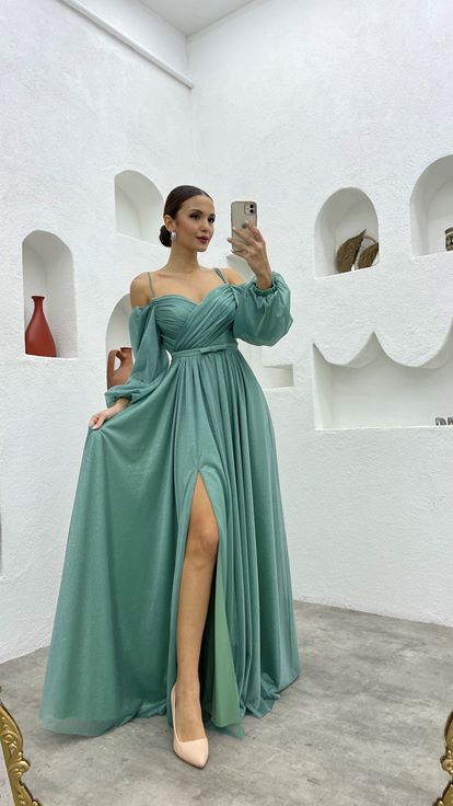 Mint Green Rope Strap Balloon Sleeve Long Glittery Tulle Evening Dress