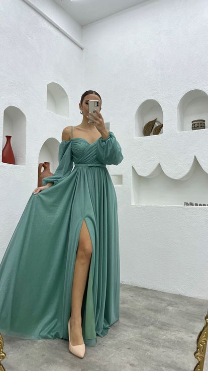 Mint Green Rope Strap Balloon Sleeve Long Glittery Tulle Evening Dress