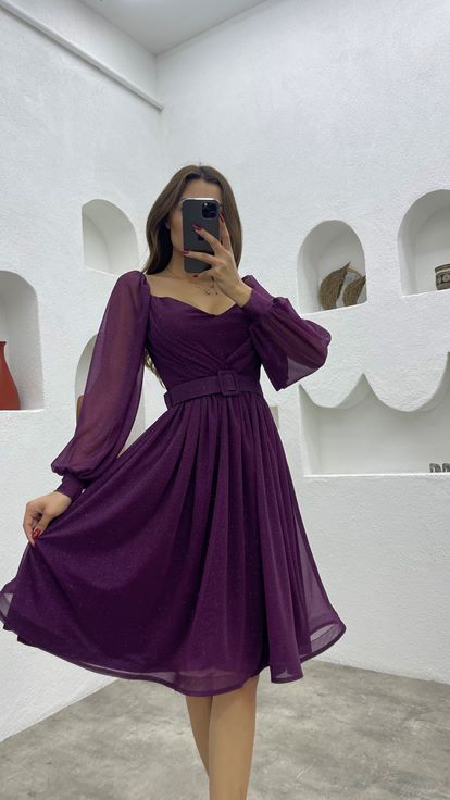 Mürdüm Kemerli Simli Tül Abiye Elbise