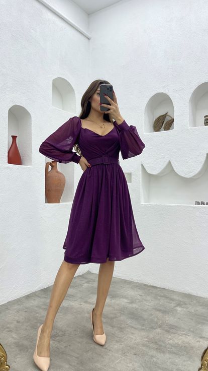 Mürdüm Kemerli Simli Tül Abiye Elbise