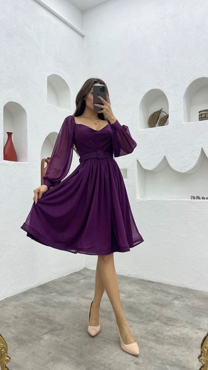 Mürdüm Kemerli Simli Tül Abiye Elbise