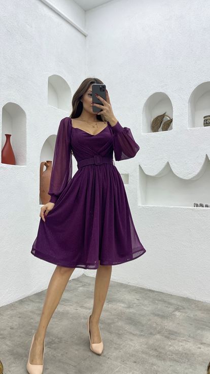 Mürdüm Kemerli Simli Tül Abiye Elbise