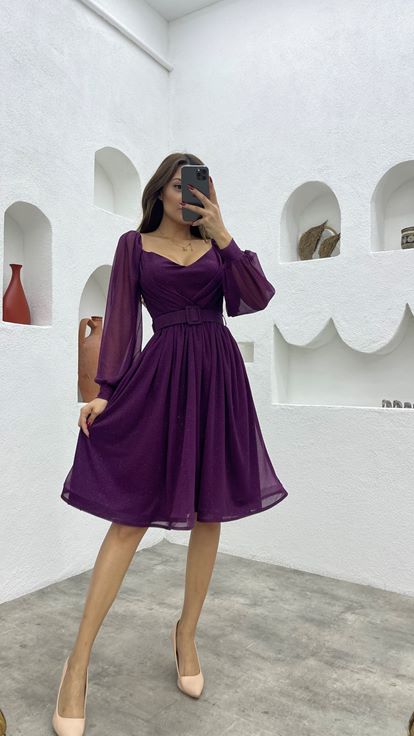 Mürdüm Kemerli Simli Tül Abiye Elbise