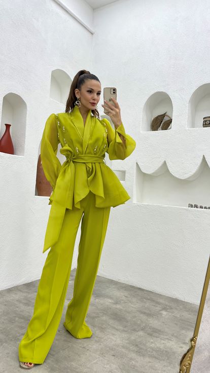 Sarı İşlemeli  Kuşaklı Tulum Ceket