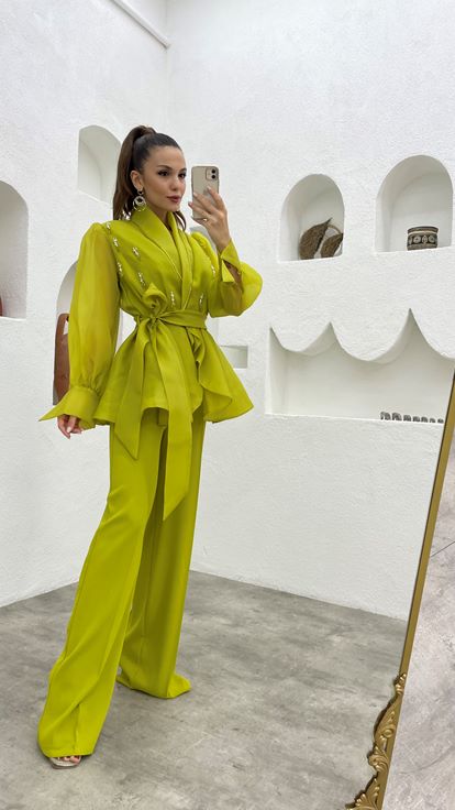 Sarı İşlemeli  Kuşaklı Tulum Ceket