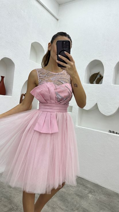 Powder Pink Transparent Tulle Evening Dress with Bow Detail