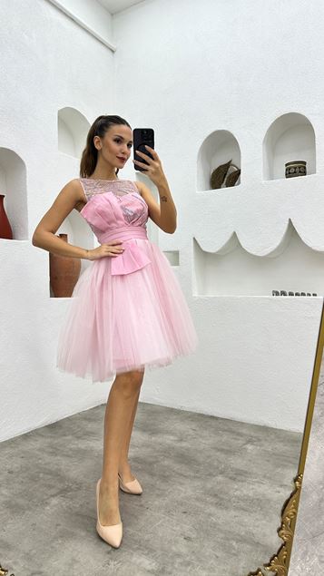 Powder Transparent Bow Detailed Tulle Evening Dress